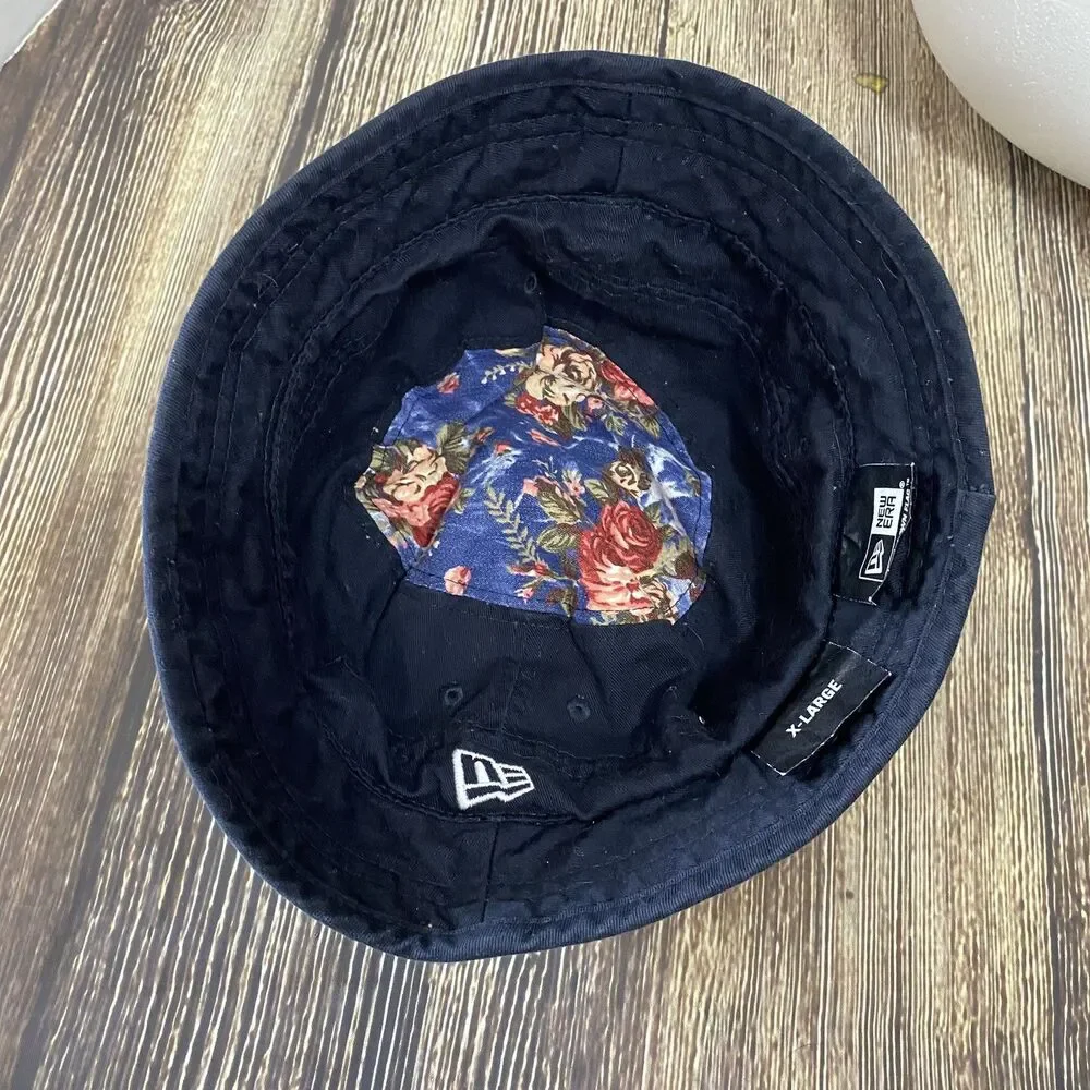 New Era Floral Print Denim Bucket Hat Sz XL Blue/Pink Cotton Blend